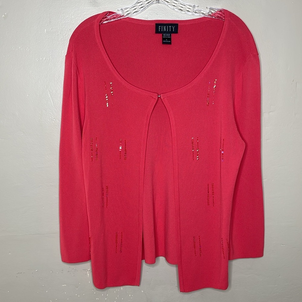 FINITY Cardigan Sweater Derp Coral Neck Closure Seed Bead & Sequin Details Lg